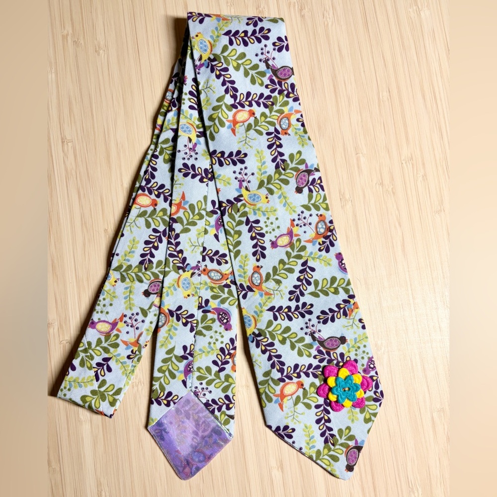 Handmade! Floral Patterned Tie with Purple and Green Accents